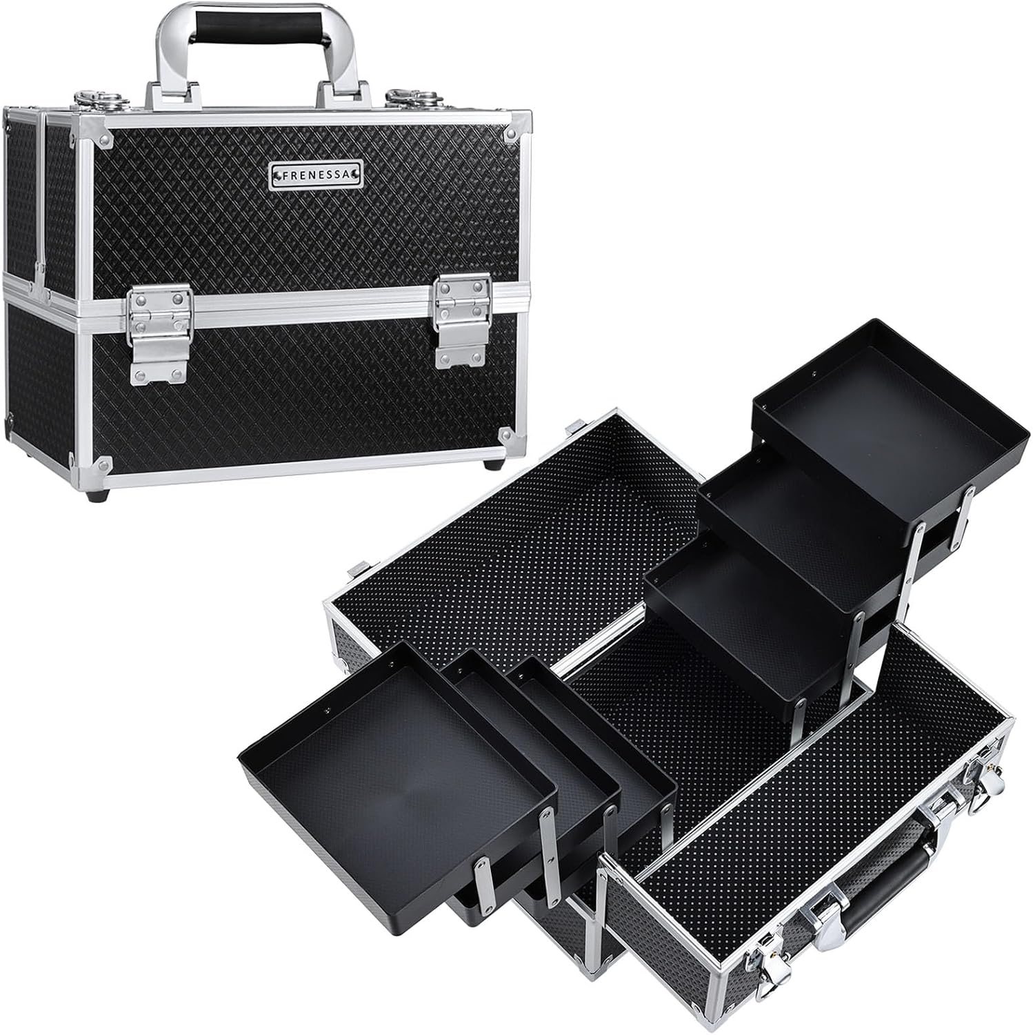 FRENESSA Makeup Train Case Makeup Case 11.8 Inch Large Cosmetic Box Organizer Travel Storage Professional Make Up Train Carrying Case with 6 Trays Locking Hard Vanity Storage Black