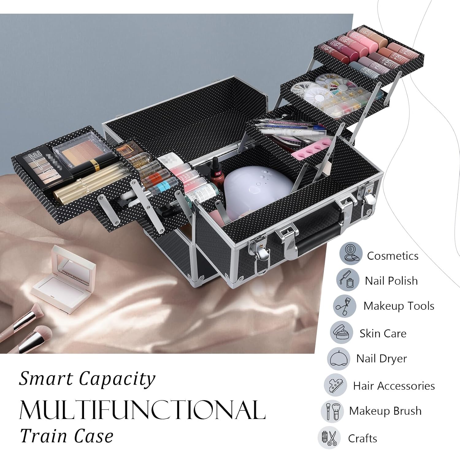 FRENESSA Makeup Train Case Makeup Case 11.8 Inch Large Cosmetic Box Organizer Travel Storage Professional Make Up Train Carrying Case with 6 Trays Locking Hard Vanity Storage Black - Image 2