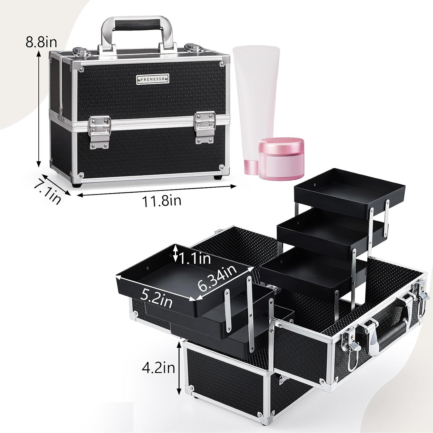 FRENESSA Makeup Train Case Makeup Case 11.8 Inch Large Cosmetic Box Organizer Travel Storage Professional Make Up Train Carrying Case with 6 Trays Locking Hard Vanity Storage Black - Image 5