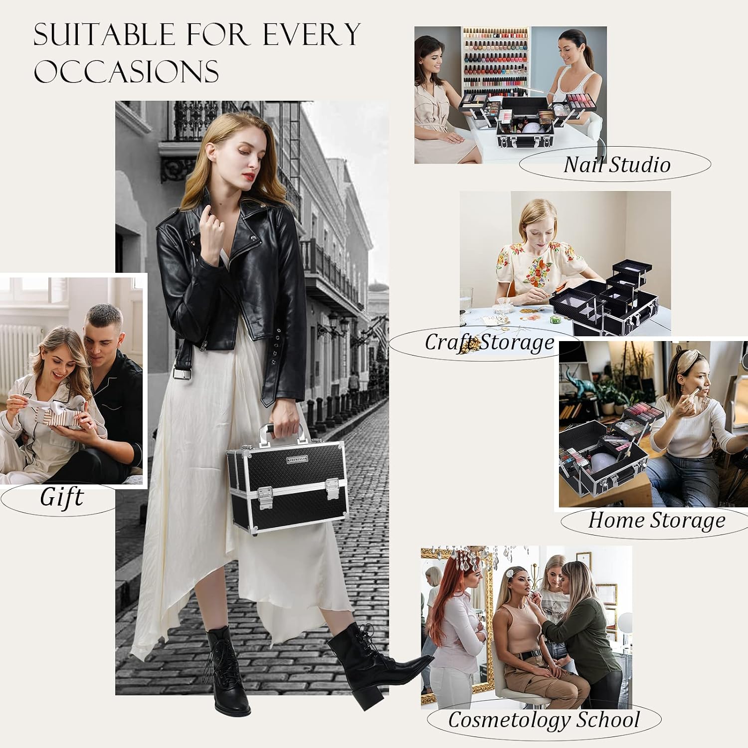 FRENESSA Makeup Train Case Makeup Case 11.8 Inch Large Cosmetic Box Organizer Travel Storage Professional Make Up Train Carrying Case with 6 Trays Locking Hard Vanity Storage Black - Image 6