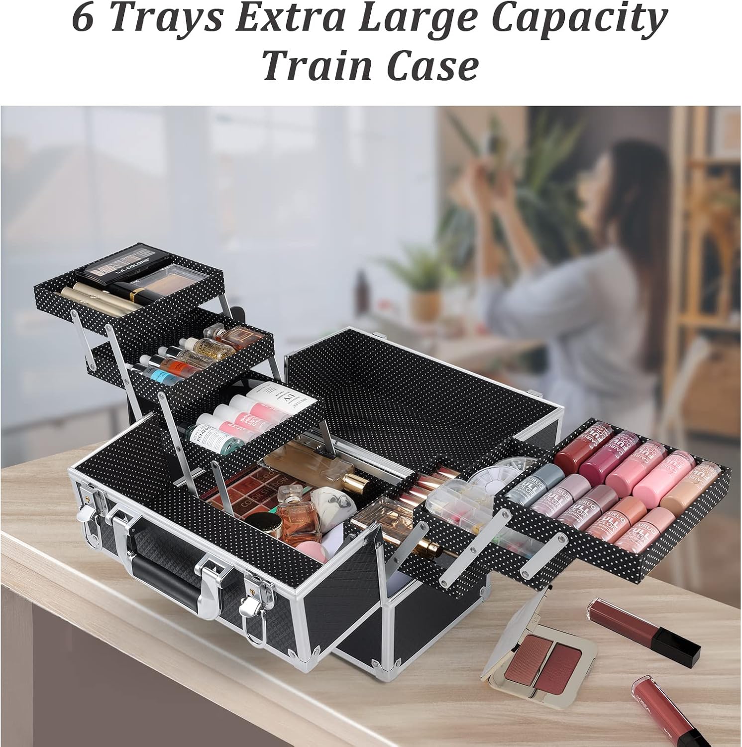 FRENESSA Makeup Train Case Makeup Case 11.8 Inch Large Cosmetic Box Organizer Travel Storage Professional Make Up Train Carrying Case with 6 Trays Locking Hard Vanity Storage Black - Image 7