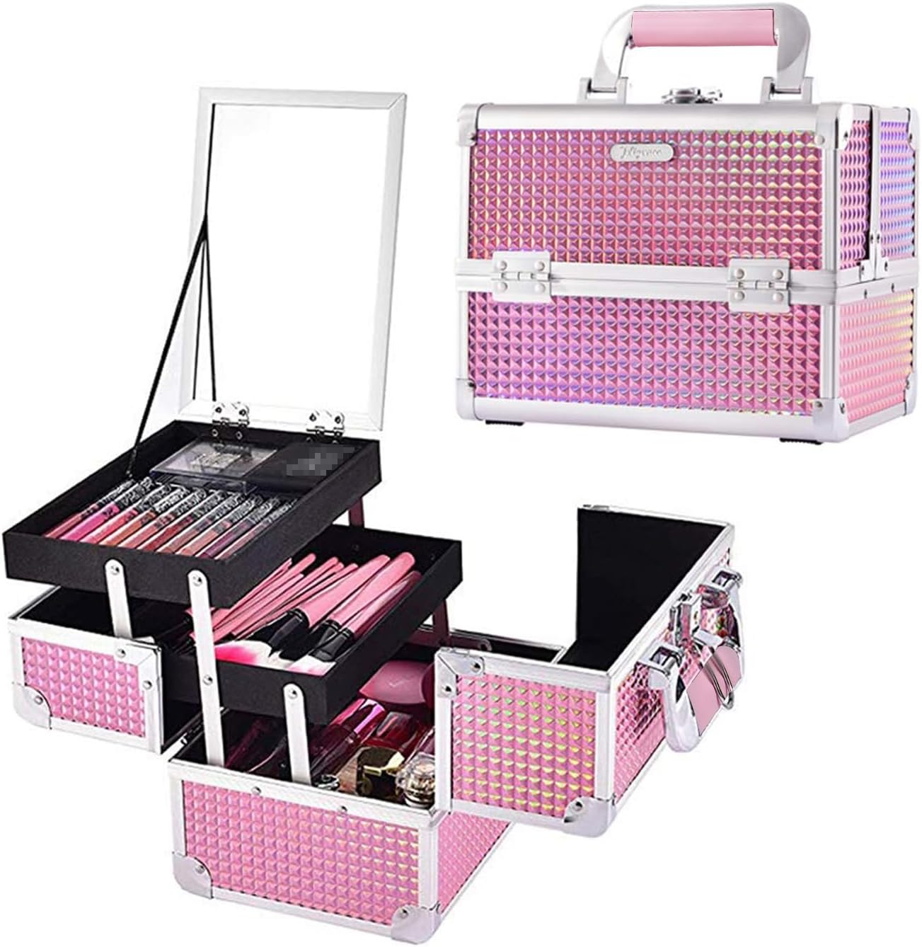 Joligrace Makeup Case Organizer Makeup Box Cosmetic Train Case with Mirror