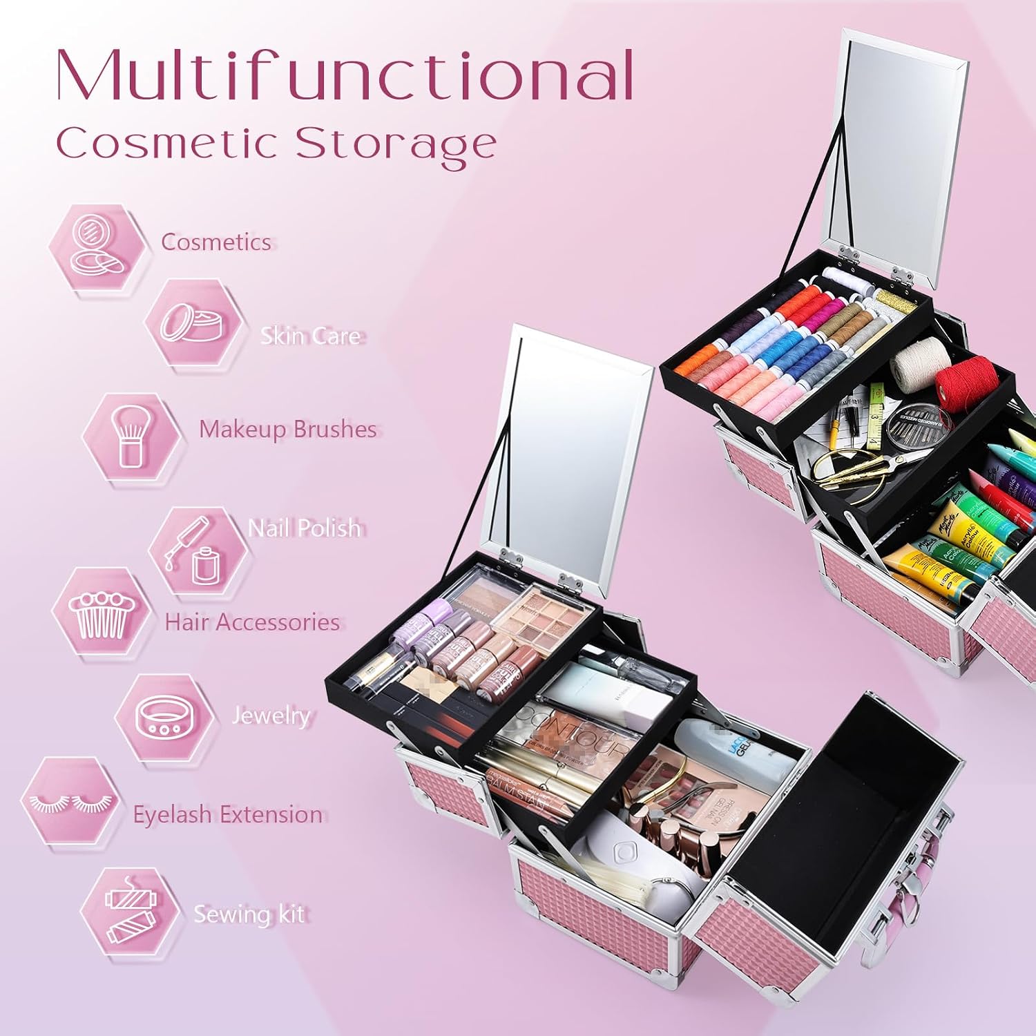 Joligrace Makeup Case Organizer Makeup Box Cosmetic Train Case with Mirror - Image 2