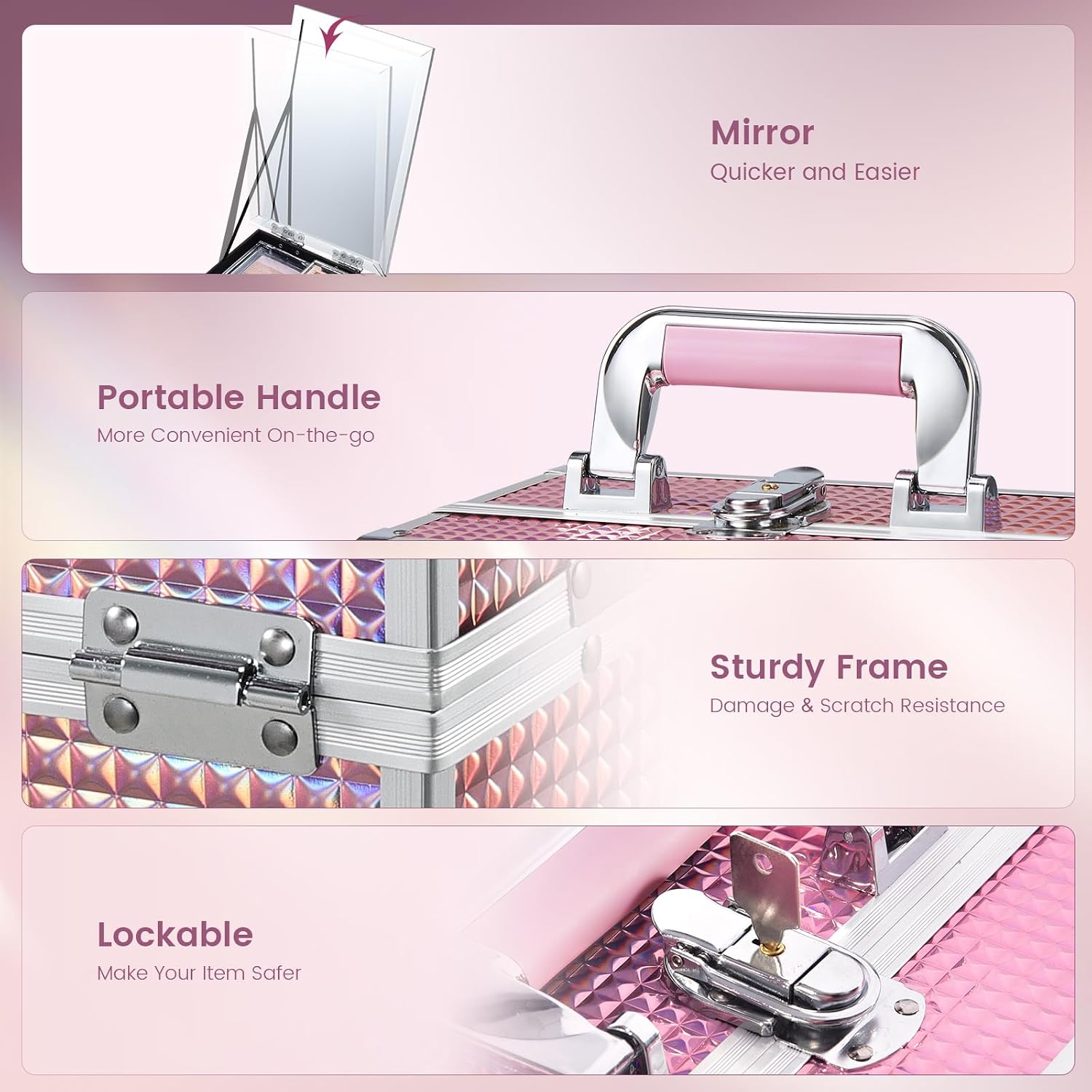 Joligrace Makeup Case Organizer Makeup Box Cosmetic Train Case with Mirror - Image 3