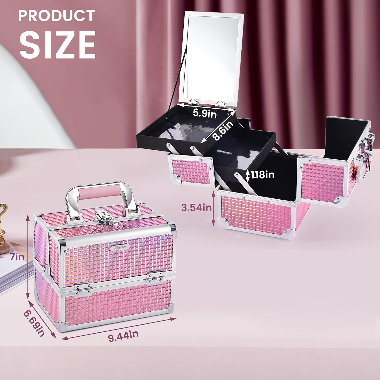 Joligrace Makeup Case Organizer Makeup Box Cosmetic Train Case with Mirror - Image 5