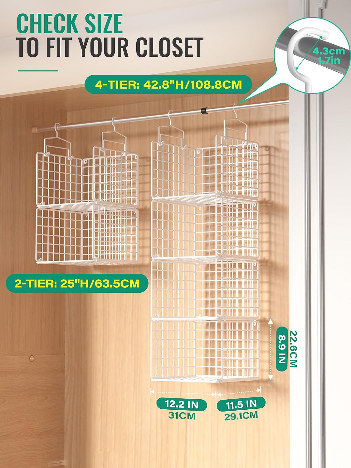 Hanging Closet Organizer, 4 Tier Metal Closet Organizers and Storage with 4 Hanging Hooks 4 S-Hooks for Wardrobe Laundry Room, Wire Storage Shelf for Clothes Sweaters Pants (White) - Image 2